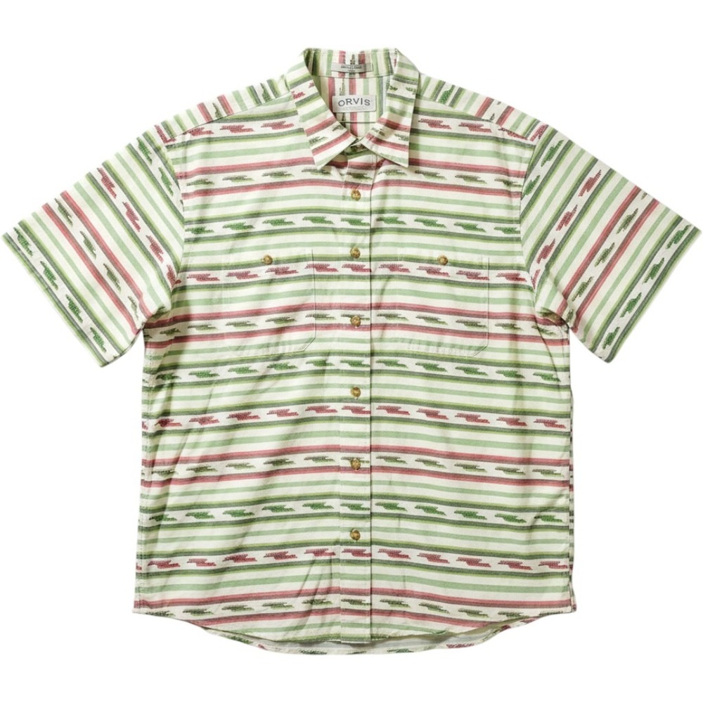 Orvis XXL Shirt Green Red Striped Southwestern Cotton Short Sleeve Button Up